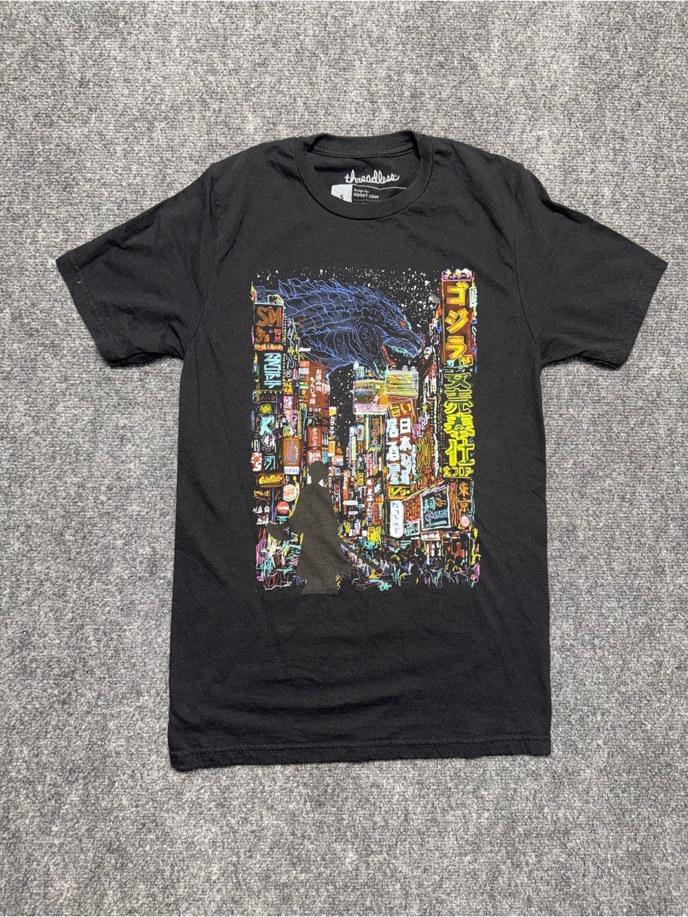 Threadless Black Neon Godzilla Skyline Tee